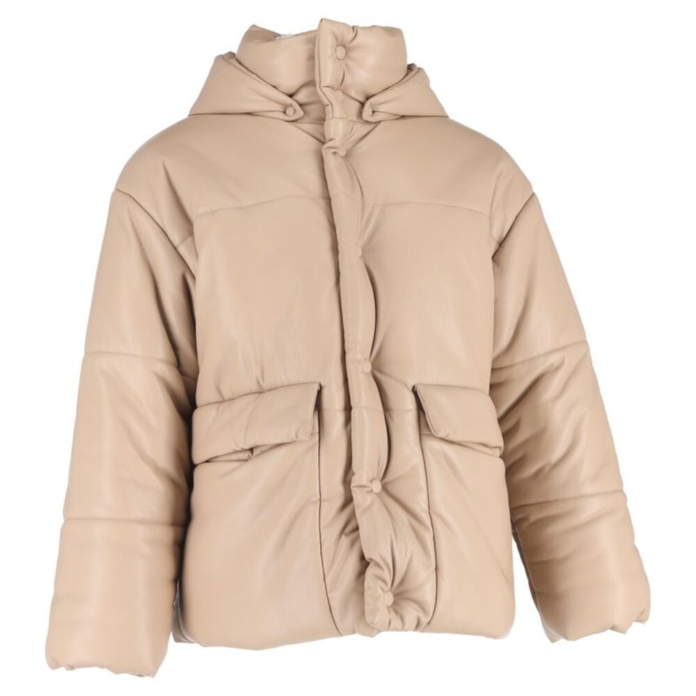 Nanushka Button-Down Padded Hooded Down Jacket in Beige Faux Leather